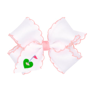 Medium Wee Ones Embroidered Hair Bow on Clippie - Golf
White bow with pink trim and golf-themed design on a white background
