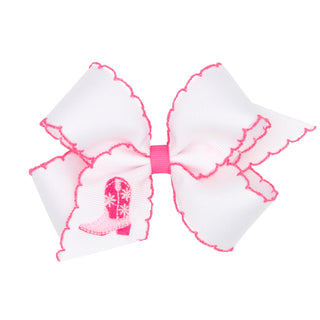 Medium  Wee Ones Embroidered Hair Bow on Clippie - Hot Pink Boots
White hair bow with pink accents on a white background