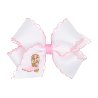 Medium Wee Ones Embroidered Hair Bow on Clippie - Pink Boots
White hair bow with pink trim and embroidered design on a white background