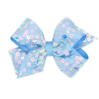 Medium Wee Ones Flower Sequin Overlay Bow on Clippie -  Blue
Floral-patterned hair bow with blue ribbon on a white background