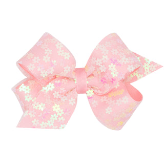 Medium Wee Ones Flower Sequin Overlay Bow on Clippie -  Light Pink
Pink floral hair bow on a white background