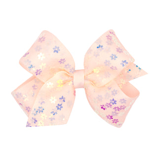 Wee Ones Flower Sequin Overlay Bow on Clippie - Sideshow Rose
Large pink bow with floral pattern on a white background