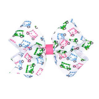 Medium Wee Ones Printed Hair Bow on Clippie - Country Club Golf
Two hair bows with car pattern and a pink clip on a white background