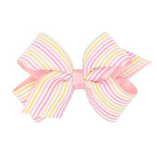 Medium Wee Ones Seersucker  Stripe Grosgrain Overlay Hair Bow on Clippie
Pastel striped hair bow on a white background