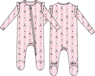 Angel Dear 2 Way Ruffle Sleeve Zipper Footie - Megan's Bowtiful Hockey Stripe Pink baby onesie with a pattern on a white background