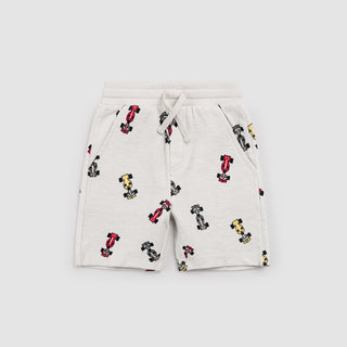 Miles the Label race car shorts featuring colorful race car graphics on grey fabric for kids' casual wear.