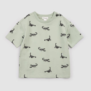 Miles the Label short sleeve shirt featuring a scorpion design on sage green fabric, casual unisex style.
