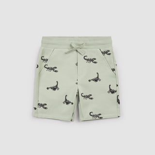 Miles the Label Scorpion on sage-colored shorts featuring a graphic design, casual and stylish for everyday wear.