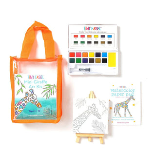 Mini Giraffe arts and crafts mini art kit by Tiny Easel featuring small giraffe-themed painting tools and supplies.