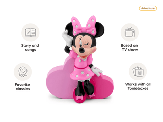 Tonies Character - Disney: Minnie Mouse Clubhouse
Toy figure of a character in a pink outfit with features listed on a white background