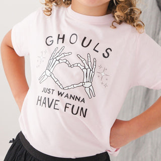 Sweet Wink Ghouls Just Wanna Have Fun Halloween Short Sleeve T-Shirt
A child wearing a light pink short-sleeve T-shirt with a black graphic of skeleton hands forming a heart and the text 'GHOULS JUST WANNA HAVE FUN'.