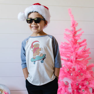 Sweet Wink Gingerbread Skater Boy Christmas 3/4 Raglan Shirt, Sweet Wink, All Things Holiday, cf-size-3t, cf-size-4t, cf-size-5-6y, cf-size-7-8y, cf-type-sweatshirt, cf-vendor-sweet-wink, Chr