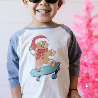 Sweet Wink Gingerbread Skater Boy Christmas 3/4 Raglan Shirt, Sweet Wink, All Things Holiday, cf-size-3t, cf-size-4t, cf-size-5-6y, cf-size-7-8y, cf-type-sweatshirt, cf-vendor-sweet-wink, Chr
