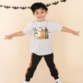 Sweet Wink Halloween Puppies Short Sleeve T-Shirt
A young boy wearing a white graphic t-shirt with a Halloween dog print, black pants with orange side stripes, and white sneakers, posing with outstretched arms against a beige background with a bat banner.
