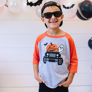Sweet Wink Pumpkin Monster Truck 3/4 Sleeve Raglan Tee, Sweet Wink, cf-size-7-8y, cf-type-tee, cf-vendor-sweet-wink, Ghost, Halloween, Halloween Boys, Halloween Shirt, Halloween Tee, Hallowee