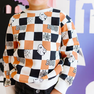 Sweet Wink Boo Checkered Halloween Sweatshirt - Natural Checkered shirt with Halloween-themed patterns including ghosts and 'BOO' text.