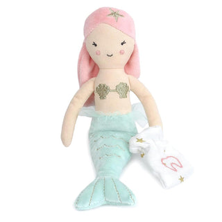 Mon Ami Tooth Fairy Pillow - Mermaid
Mermaid doll with pink hair and a light blue tail on a white background