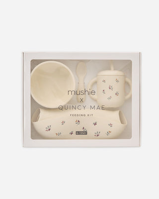Mushie x Quincy Mae Heart Ditsy feeding set with a cup, plate, and bowl featuring a pink heart pattern for babies and toddlers.