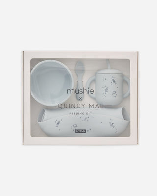Mushie x Quincy Mae Space feeding set with bowl, cup, and spoon in soft pastel colors for baby feeding.