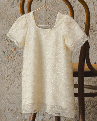Noralee Daisy Dress - Silver Metallic
White lace top on a wooden chair against a textured wall.