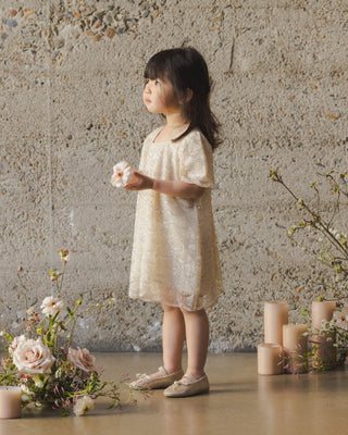 Noralee Daisy Dress - Silver Metallic
Young girl in a light dress holding flowers, standing against a textured wall with candles and flowers on the floor.