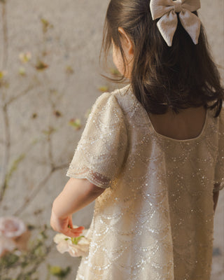 Noralee Daisy Dress - Silver Metallic
Child wearing a sparkly dress with a floral background
