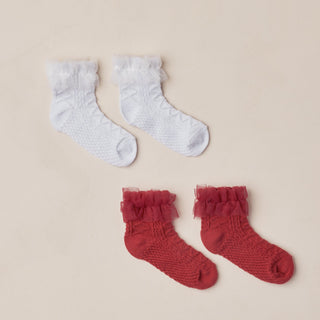 Noralee Ruffle Socks - Ruby / Silver Shimmer
Two pairs of baby socks, one white with ruffles and one red, on a beige background.