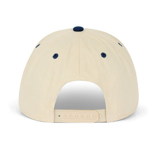 Navy and cream Dad Brand Dad snapback hat with adjustable strap and flat brim, stylish and casual headwear for men.