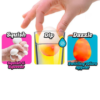 NeeDoh Dippin Dazzler
Hand interacting with a colorful egg, labeled 'Squish', 'Dip', and 'Dazzle' on a white background.