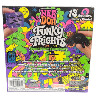 Schylling NeeDoh Funky Frights Trick or Treat Squish-O-Ween countdown toy with colorful, spooky Halloween-themed squishy toy.