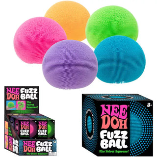 NeeDoh Fuzz Ball
Colorful fuzzy balls with packaging labeled 'Nee Doh Fuzz Ball' on a white background.