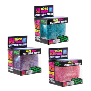 NeeDoh Glitter & Glow Nice Cube
Four boxes of 'Nice Doohickey' glitter and glow products on a white background