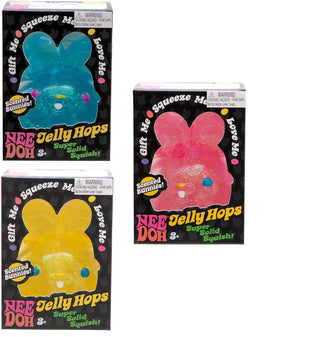 NeeDoh Jelly Hops
Three packages of Jelly Hops with different colored bunnies on a white background.