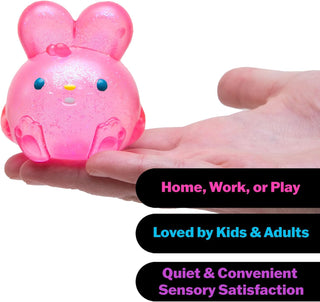NeeDoh Jelly Hops
Pink toy with animal ears held in a hand, on a white background with text about its uses.