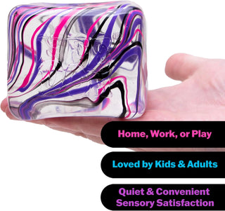 NeeDoh Nice Berg (3.25”) - Swirl
Colorful marbled case held by a hand with text about its uses and features.