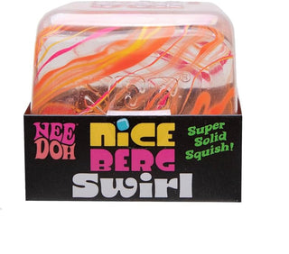NeeDoh Nice Berg (3.25”) - Swirl Orange 
Three packages of Nice Doh Nice Berg Swirl with colorful swirled design on a white background.