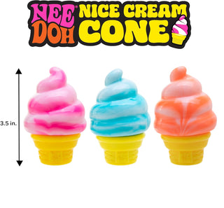 NeeDoh Nice Cream Cone
Colorful ice cream cone toys with 'Nee Doh Nice Cream Cone' branding and dimensions.