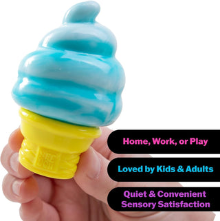 NeeDoh Nice Cream Cone
Toy ice cream cone held in a hand with text about its uses and features.