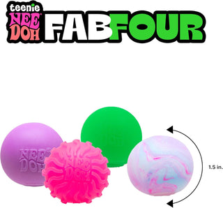 NeeDoh Teenie Fab Four 4 Pack
Four colorful rubber balls with 'teenie NEEDOH' branding on a white background.