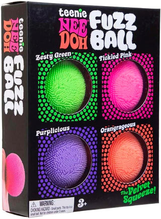 NeeDoh Teenie Fuzzball 4 Pack
Box of Teenie Nee Doh Fuzz Balls with colorful fuzz balls on a black background