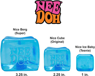 Nee Doh Size Chart
Three sizes of Nee Doh with their names and dimensions on a white background.