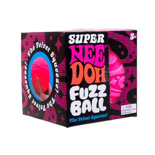 Pink Nee Doh Super Fuzz Ball Box of Super Nee Doh Fuzz Ball with pink ball and text on a black background