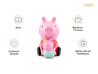 Tonies Character - Peppa Pig: The New Baby Sister
Two pink pig figurines with a white background, featuring icons and text about their features.