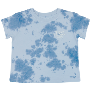 Tiny Whales Nice Day girls boxy tee in sky tie dye, soft cotton shirt with a relaxed fit and colorful tie dye pattern.
