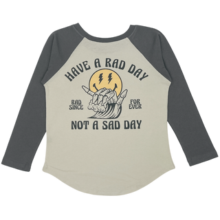 Tiny Whales No Sad Days L/S Raglan - Cinder / Vintage Black
Long-sleeve shirt with graphic design and text on a white background