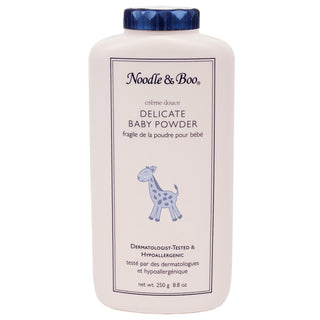 Noodle & Boo Delicate Baby Powder (8oz) - Creme Douce
Noodle & Boo baby powder bottle with blue cap on a white background