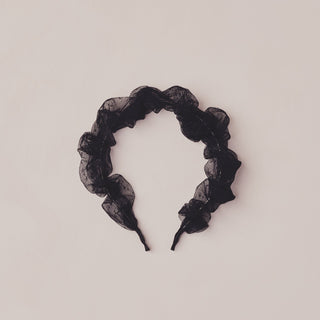 Noralee Gathered Headband - Black
Black lace headband on a light beige background