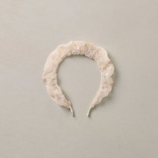 Noralee Gathered Headband - Pearl
A ruffled, semi-sheer headband in a light cream or off-white color, photographed flat against a neutral, warm gray-beige background.