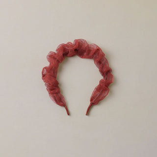 Noralee Gathered Headband - Ruby
A dusty rose red sheer mesh scrunchie headband, photographed flat on a light beige background.