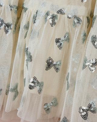 Noralee Louella Dress - Bows
Close-up of a fabric with sequin butterfly patterns on a beige background